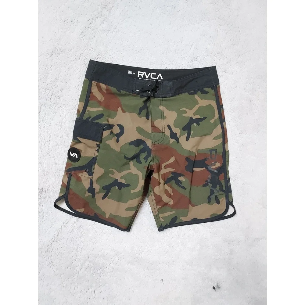 Rvca Board Shorts Boys Size 29 Camo Camouflage Swim Trunks Green Sufing Beach
